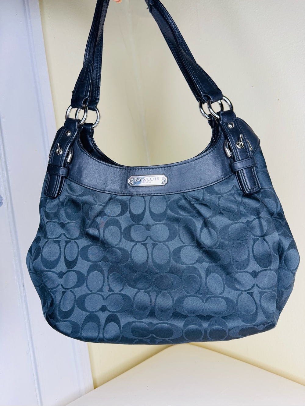 Coach Black Signature Shoulder Bag with Leather Trim